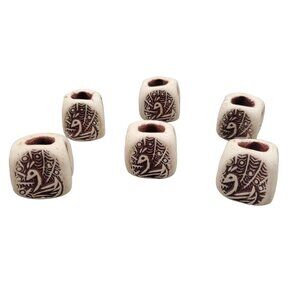 Handmade Bisque Fired Clay Beads Peacock Design Stamped Set of 6